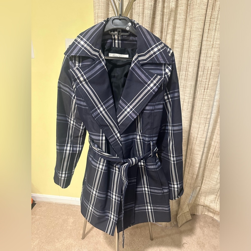 Zara Navy Plaid Trench Coat